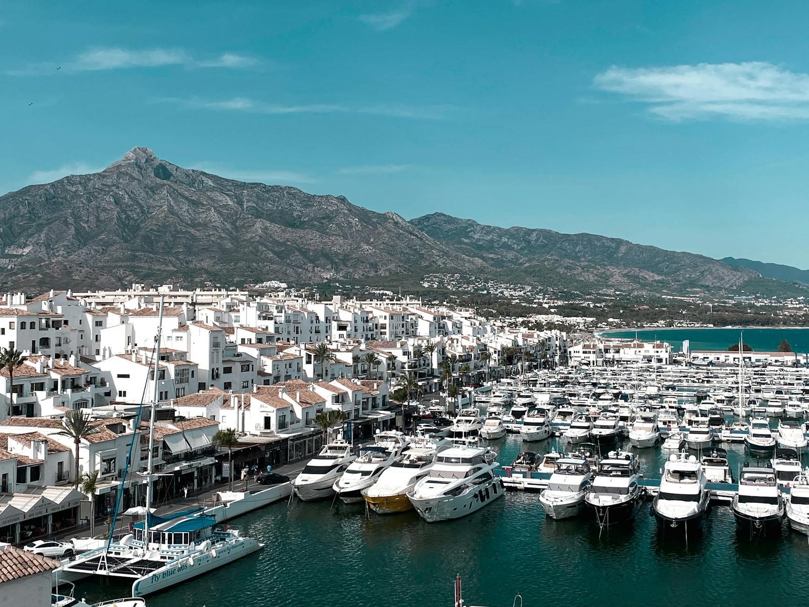 Aerial view of Marbella marina with many yachts and a picturesque mountain backdrop.