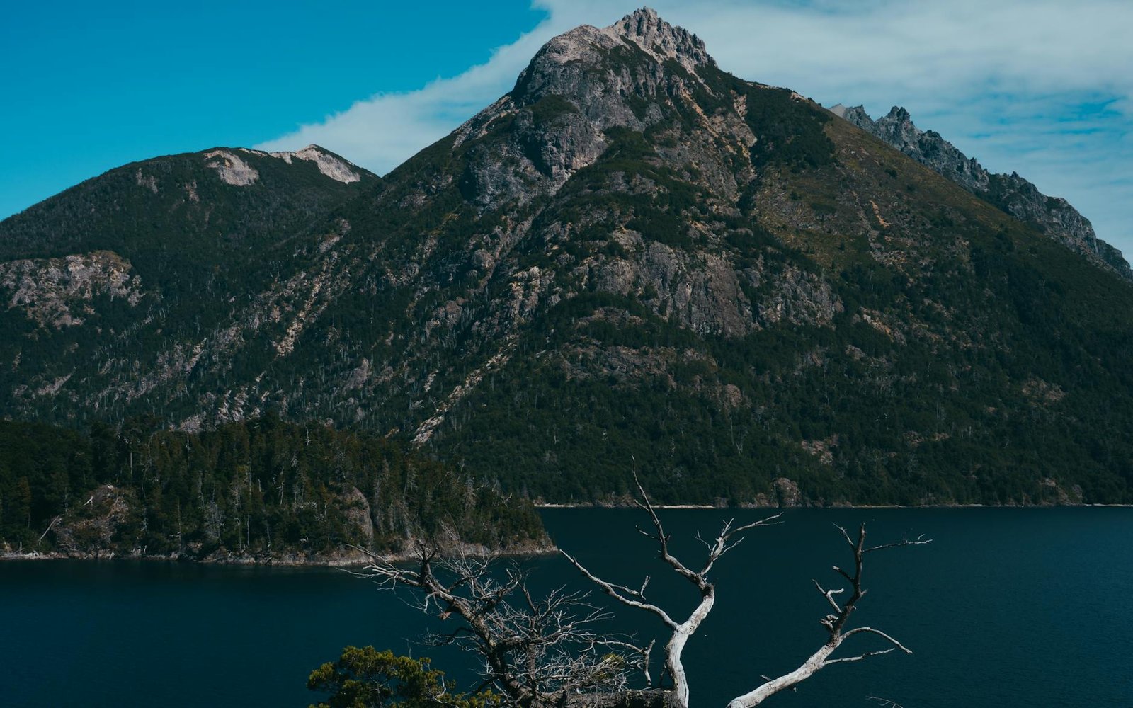 Breathtaking view of the Andes mountains overlooking a serene lake in San Carlos de Bariloche, Argentina.